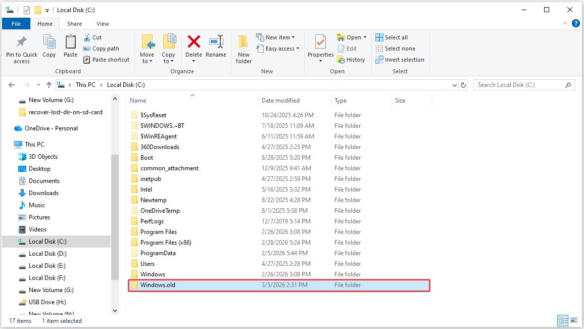 Check the Windows.old Folder